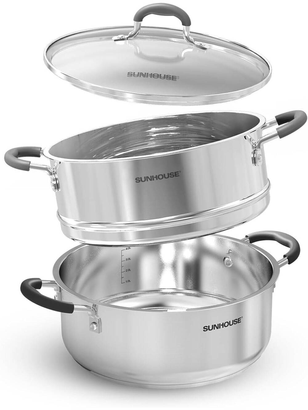 SUNHOUSE 4.6-Quart Stainless Steel Steamer Pot with Two-Tier Basket and Glass Ld